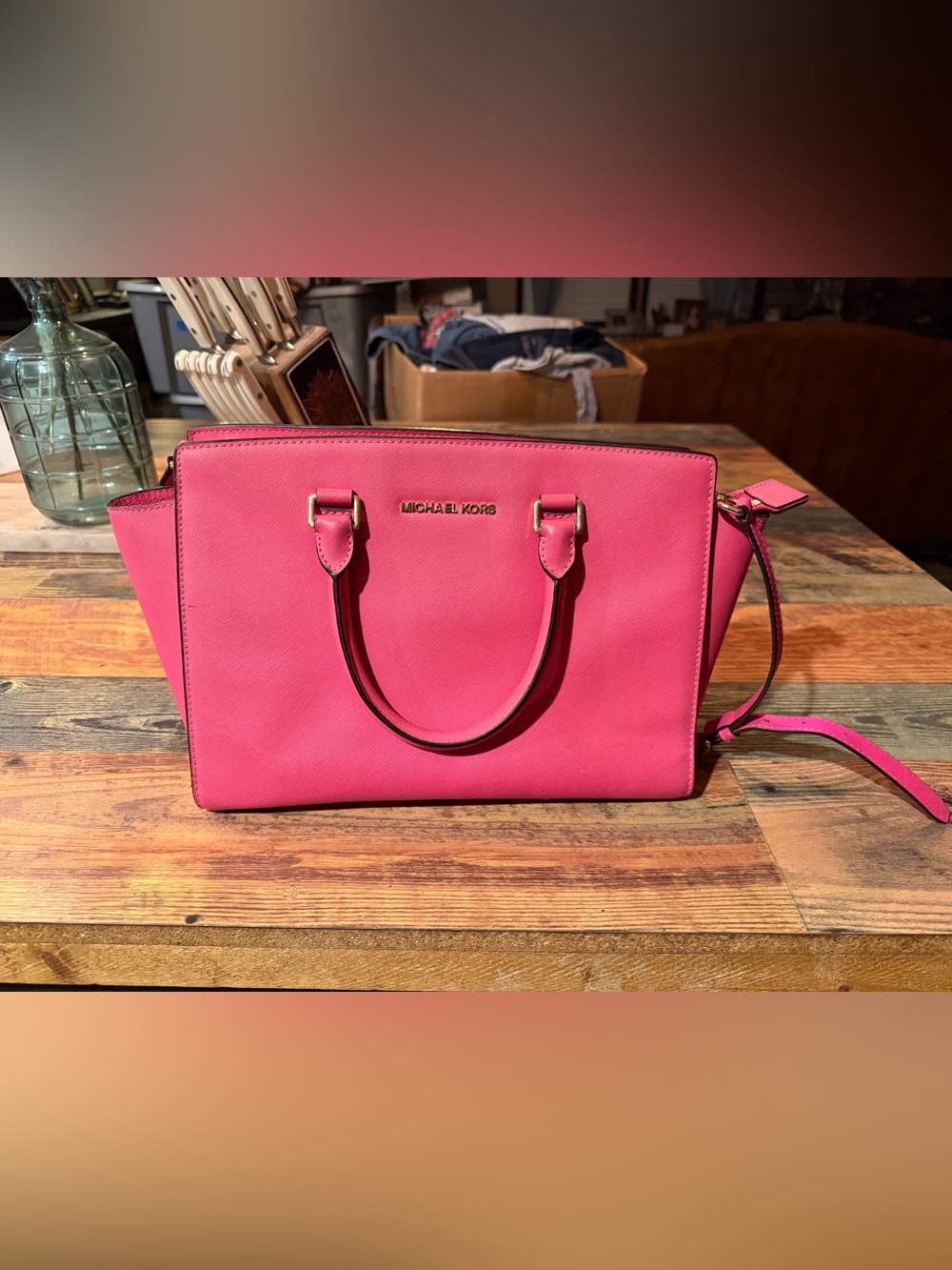 Michael Kors Hot Pink Saffiano Satchel with Gold Hardware